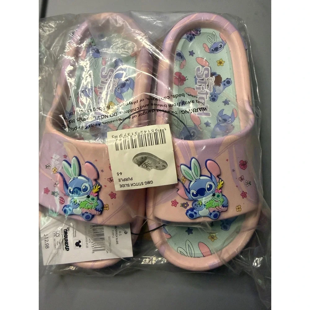 Disney‎ Stitch Purple Kids Slide Sandals 3D Bunny Ear Charm Ground Up Size 4-5